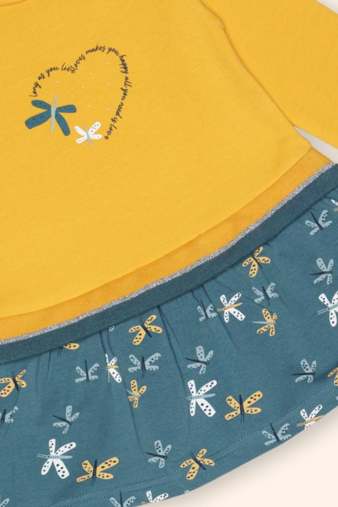 Vestido Menina Mostarda e Azul